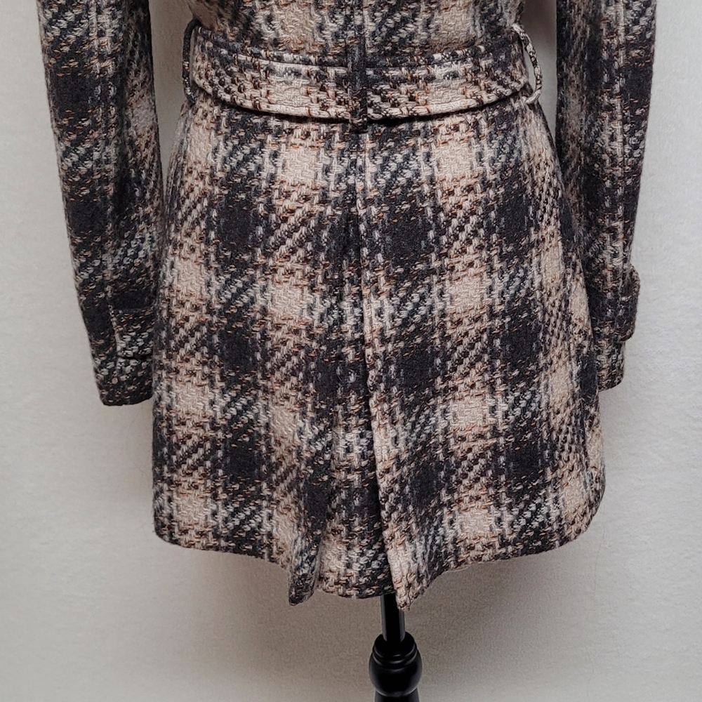 DKNY Retro Y2K Brown Plaid Tweed Double Breasted Belted Midi Peacoat Trench Coat - Picture 10 of 13